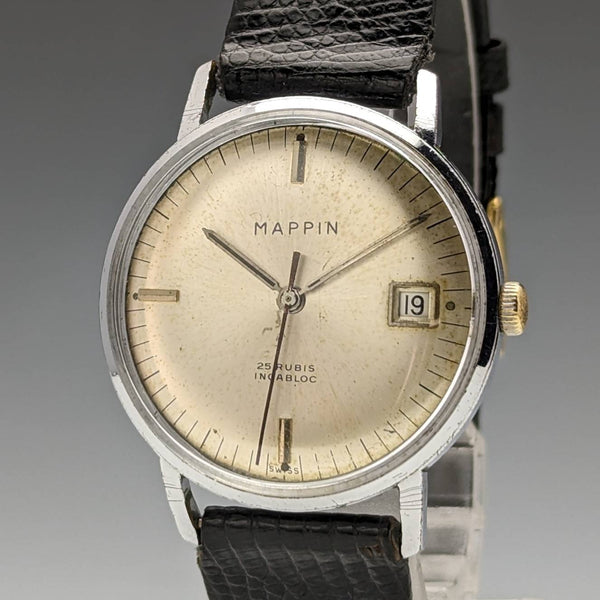 英國 Vintage MAPPIN 自動上鍊手錶 3 指針日曆金屬外殼操作良好